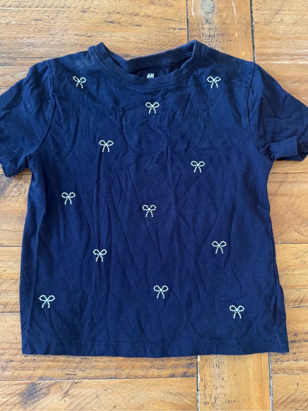 H&M Navy Short Sleeve Tee with Tiny Bow Embroidery